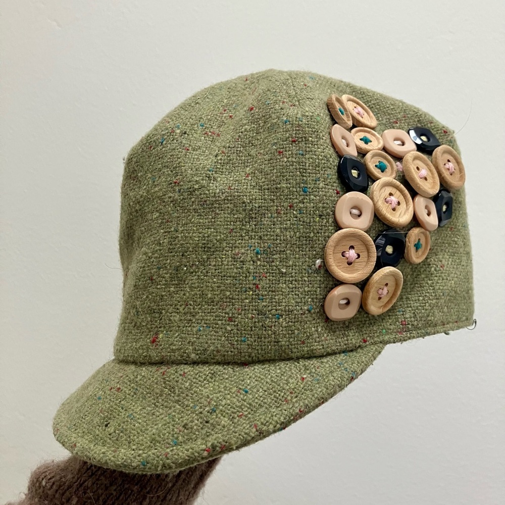 Green Tweed Cap with Button Accents